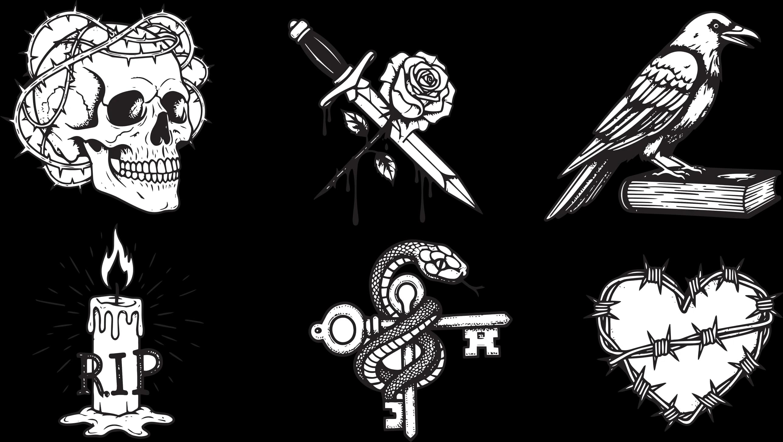 Flash-Design-Bögen mit verschiedenen Tattoo-Motiven für einen Flash Day